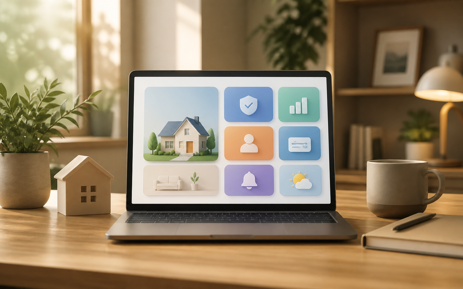 A warm home workspace with a personal dashboard on a laptop