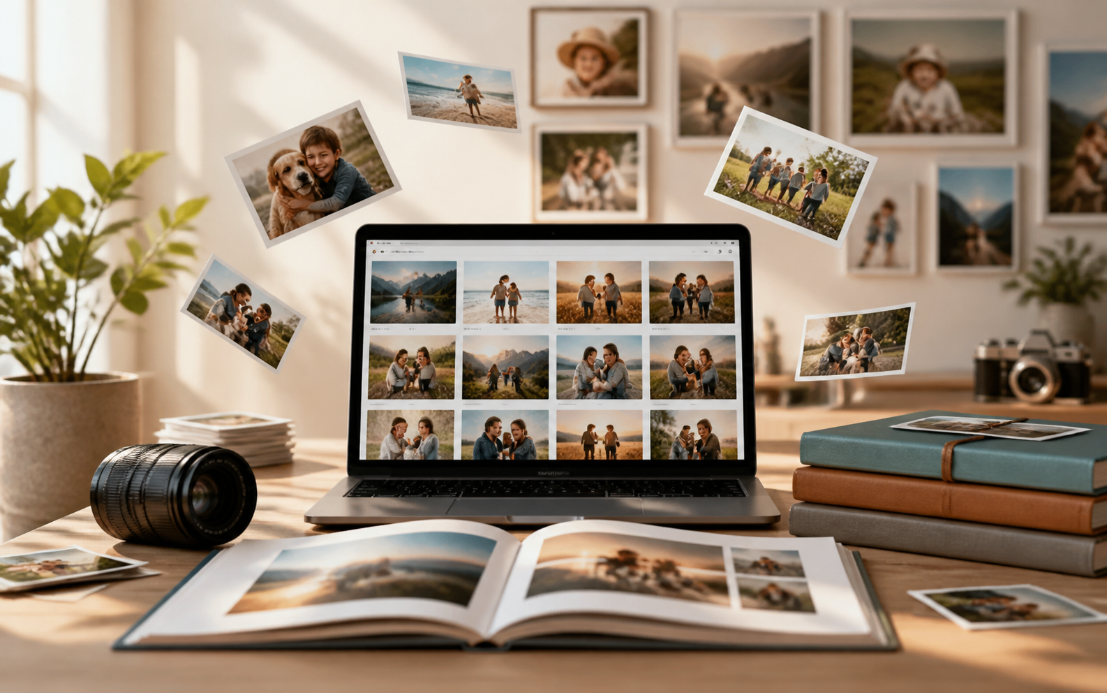 A company photo gallery shown on a laptop with albums and prints